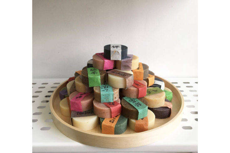 Minimally packaged Beauty Secrets of Japan soaps—made with ingredients like shiso, sake, gobo, yuzu, and matcha—at the Soap Dispensary.